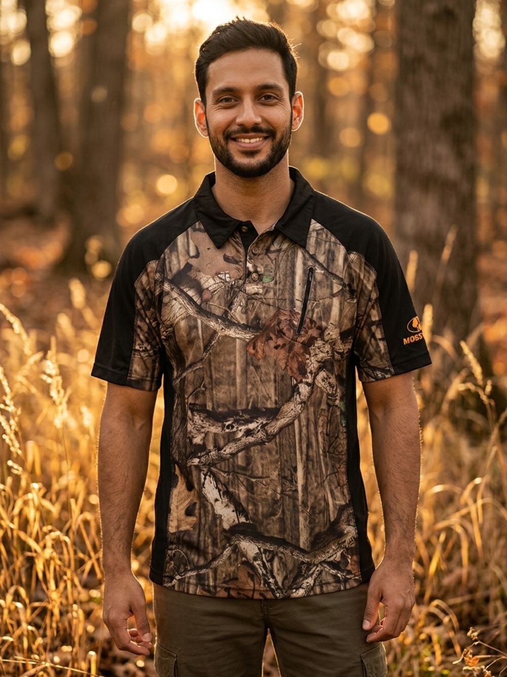 Mossy Oak Men's Camo Polo in Brown and Black